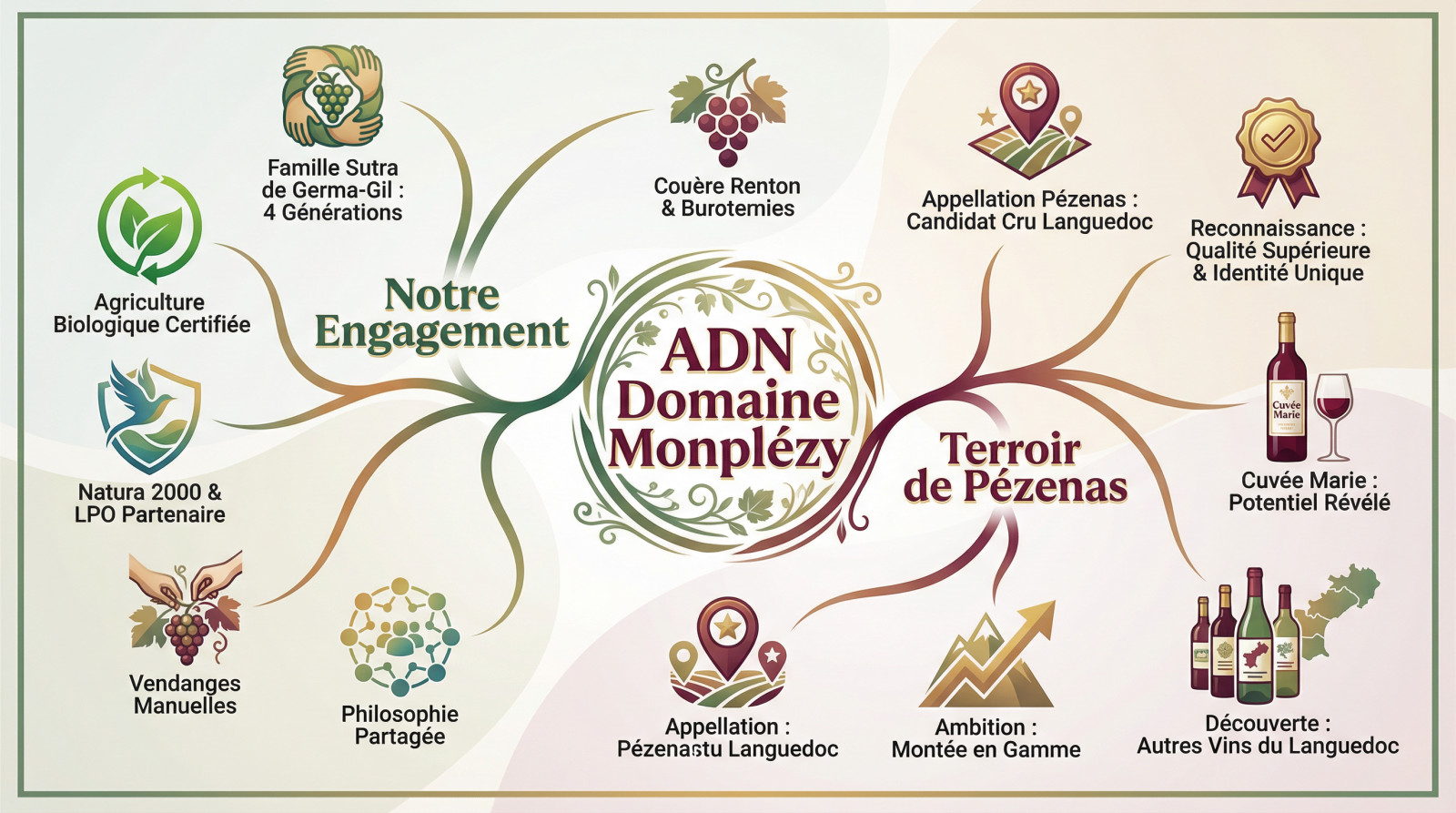 Vignes du Domaine Monplézy cultivées en agriculture biologique sur le terroir de Pézenas