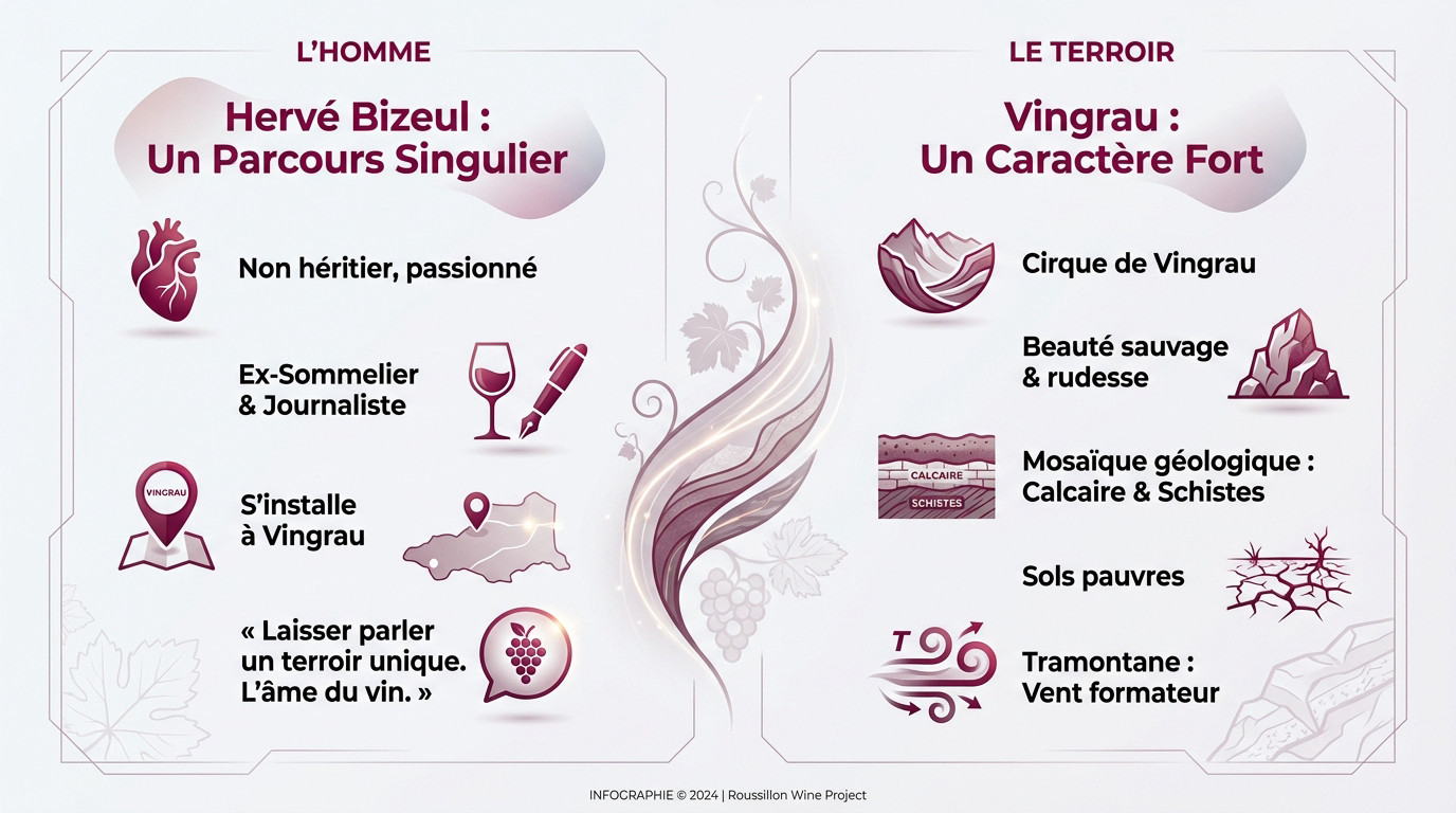 Infographie illustrant Hervé Bizeul au cœur du terroir viticole de Vingrau
