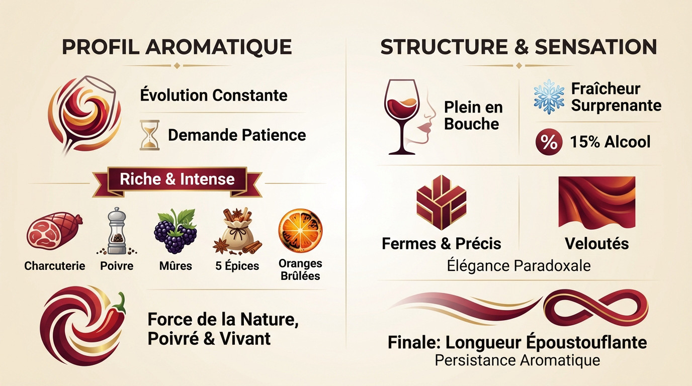 Infographie illustrant l'expérience sensorielle et la complexité aromatique du vin La Petite Sibérie
